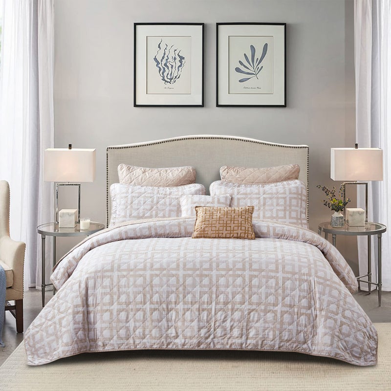 Home Soft Things 7 Piece Printed Microfiber Bedspread Quilts Set, 102" x 90" King, Austin Geo, Taupe Geometric Lightweight Bed Cover Coverlet Bedding Set with Matching Shams Pillows - Image 1